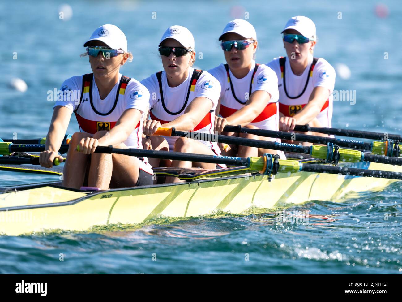 Munich, Germany. 12th Aug, 2022. European Championships, European Championship, rowing, lightweight double sculls, women, course distribution race, at the Olympic regatta facility in Oberschleißheim. The boat from Germany (Rieke Hulsen, Romy Dreher, Katrin Volk, Cosima Clotten) in action. Credit: Sven Hoppe/dpa/Alamy Live News Stock Photo