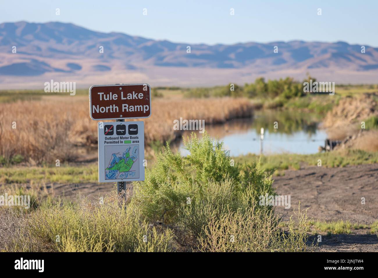 A sign marks the boat ramp at Tule Lake inside Nevada's Stillwater National Wildlife Refuge. Stock Photo