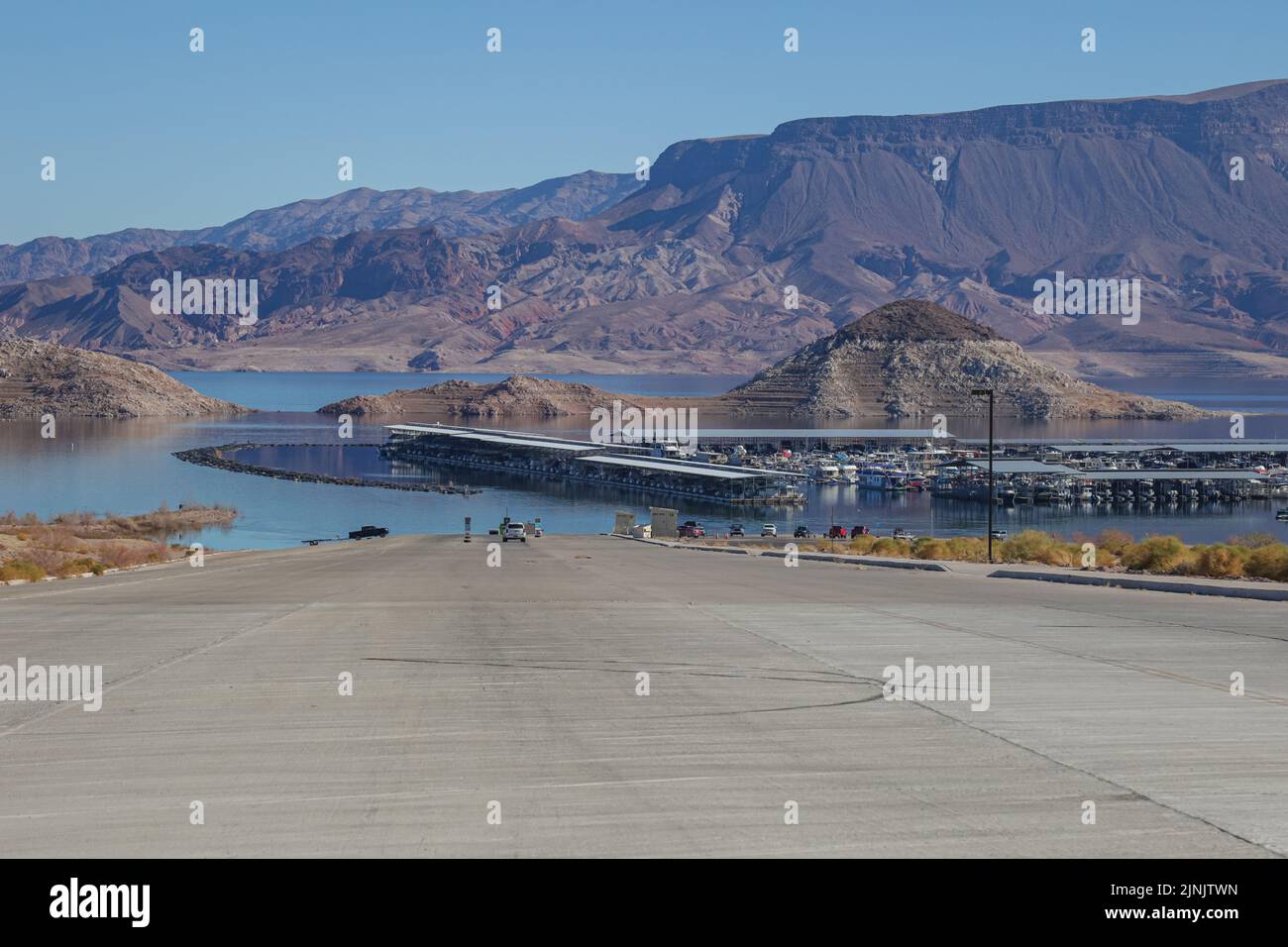 Low lake levels at the public boat ramp and lake access at Hemenway Harbor inside Lake Mead National Recreation Area. Stock Photo