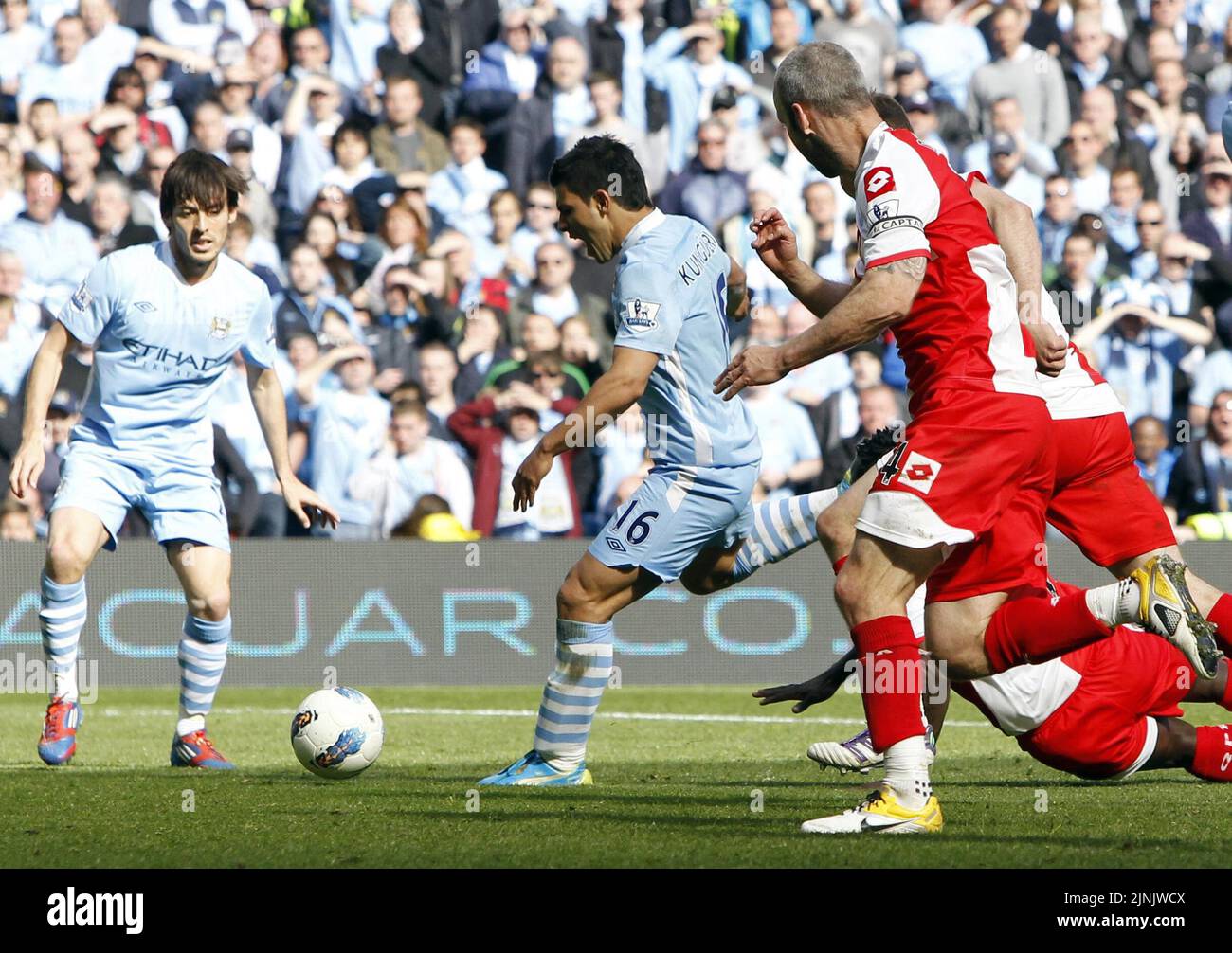 File photo dated 13-05-2012 of Manchester City's Sergio Aguero. Time was ticking on Manchester City's title dream with QPR offering brave resistance at the Etihad Stadium. The ball fell to the right foot of Sergio Aguero in the fifth added minute. Cue delirium inside the stadium as Sky commentator Martin Tyler producing his 'Aguerooooo' line to a gob-smacked TV audience. Issue date: Friday August 12, 2022. Stock Photo