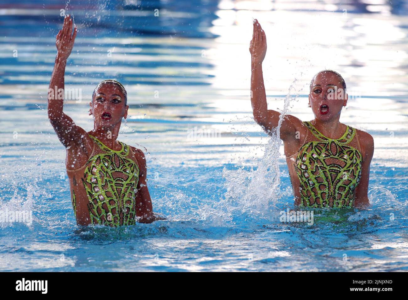 Rome, Italy. 12th Aug, 2022. Rome, Italy 12.08.2022: Cerruti Linda, Ferro Costanza from Italy team, during Duet Free (preliminary) Artistic Swimming Championship in LEN European Aquatics in Rome 2022 in Foro Italico. Credit: Independent Photo Agency/Alamy Live News Stock Photo