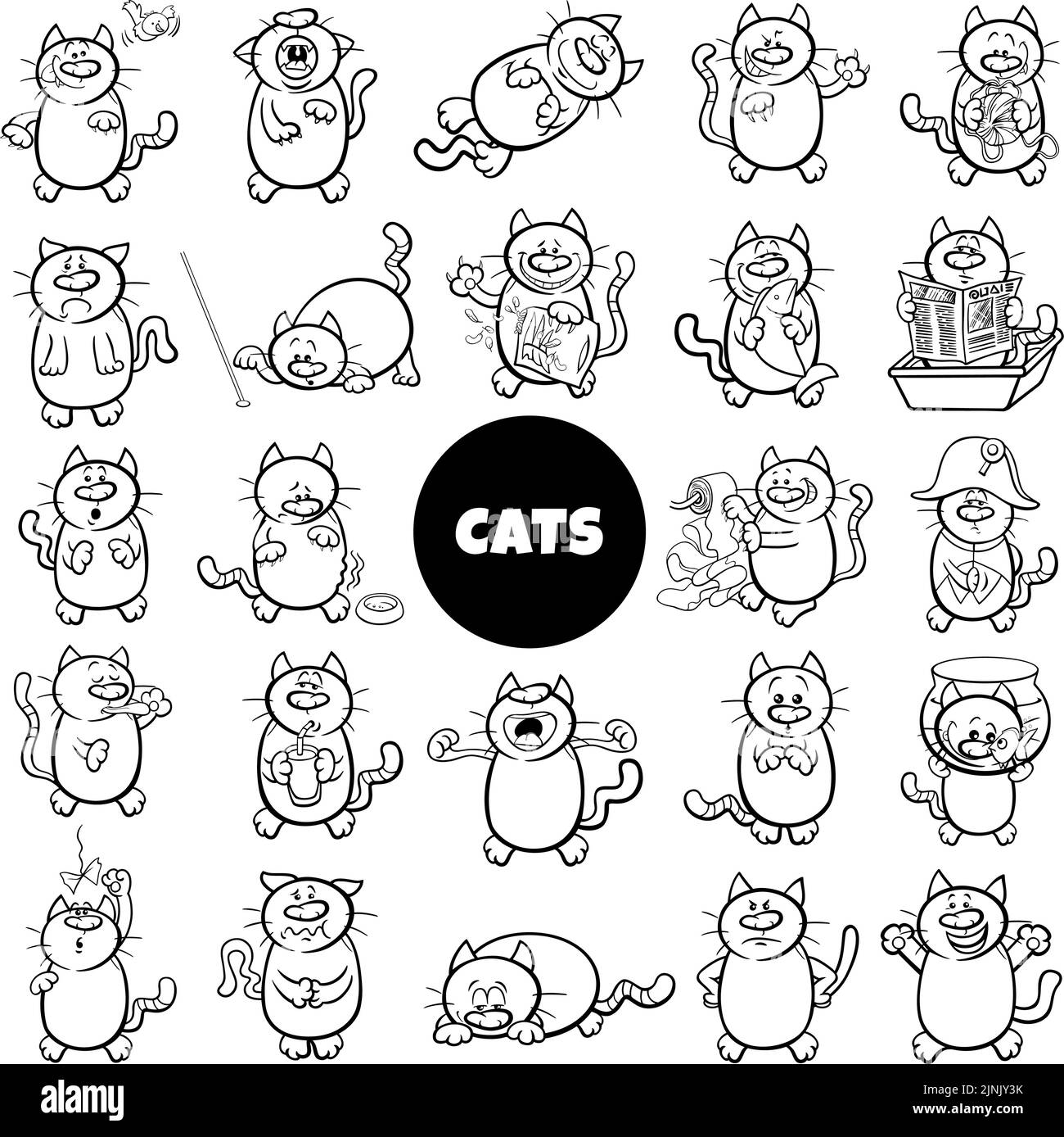 Black and white cartoon illustration of funny cats animal characters big set coloring page Stock Vector