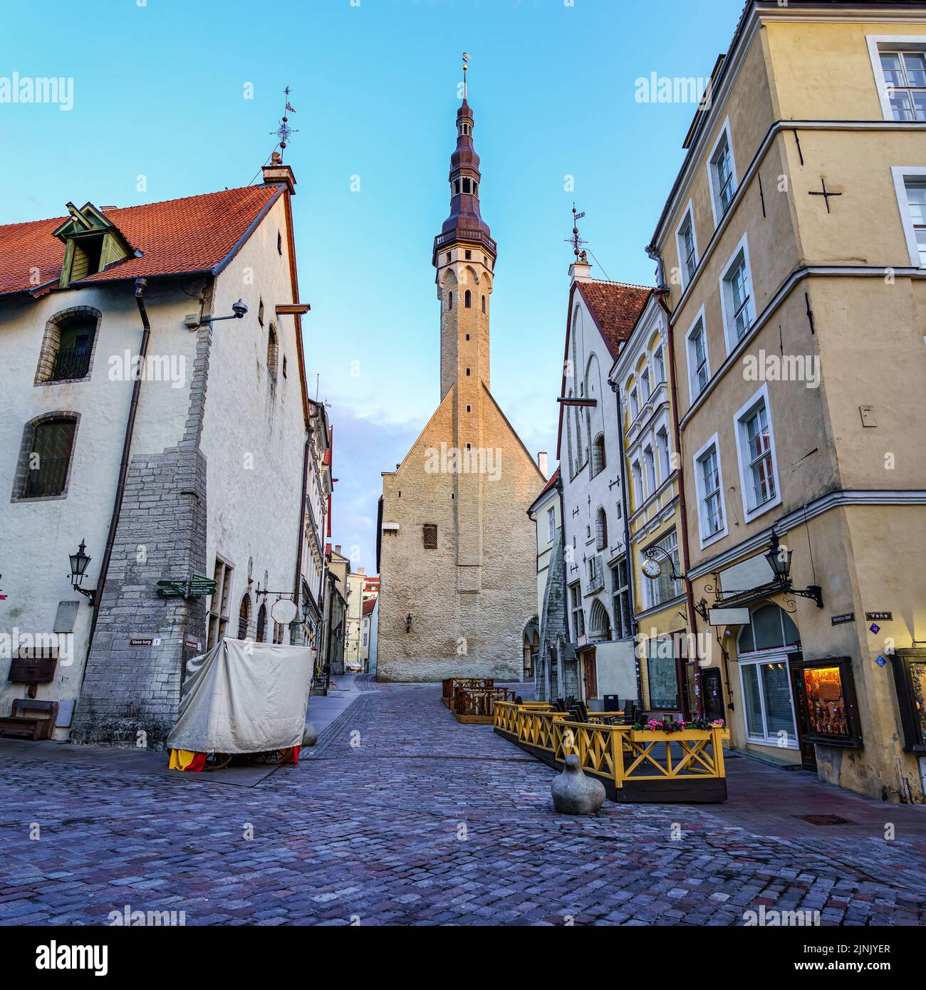 Narrow Streets Of Tallinn With The Town Hall In The Background Estonia 