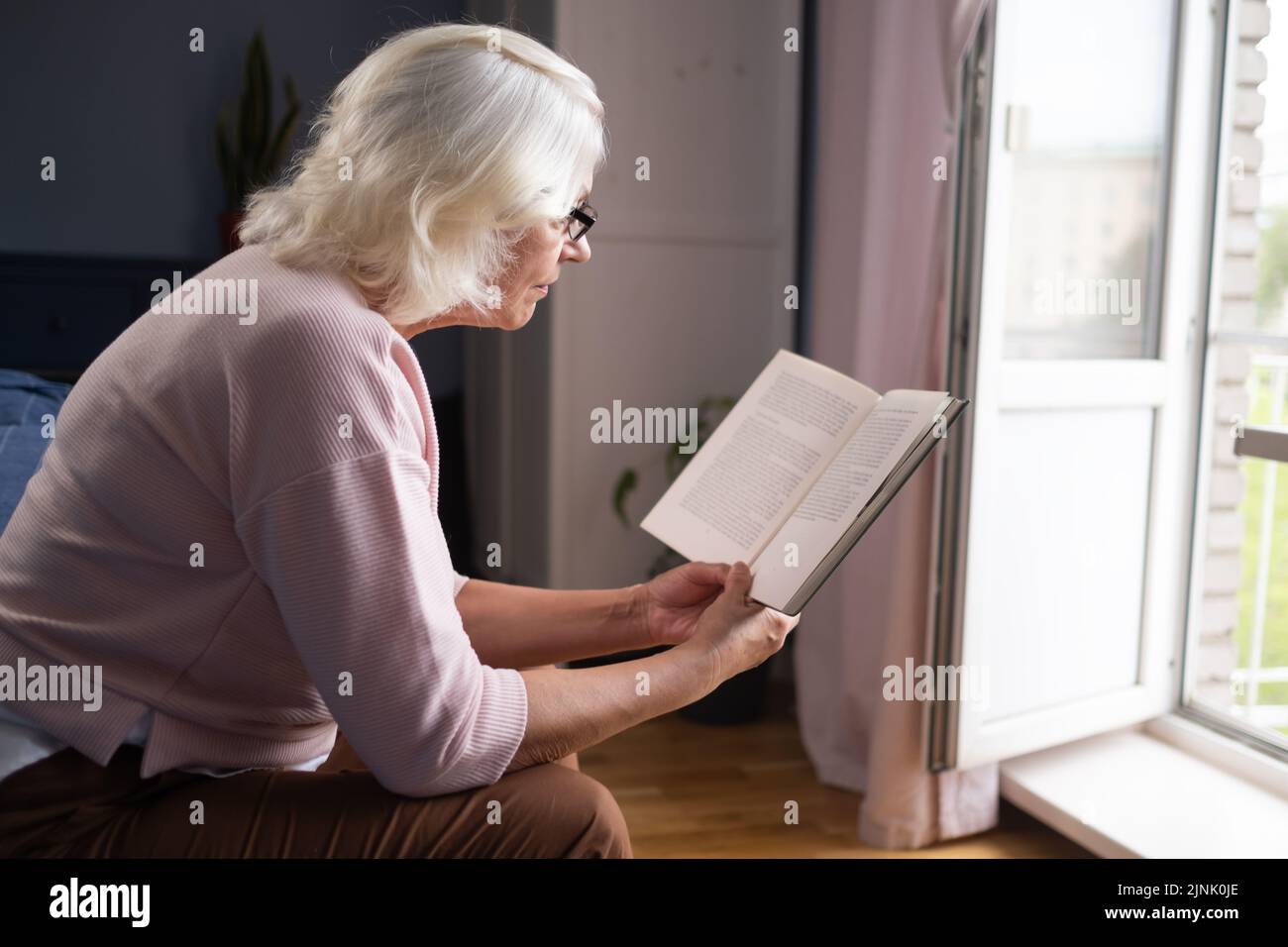 Old caucasian lady sit down on the sofa reading a book. indoor leisure activity at home Stock Photo