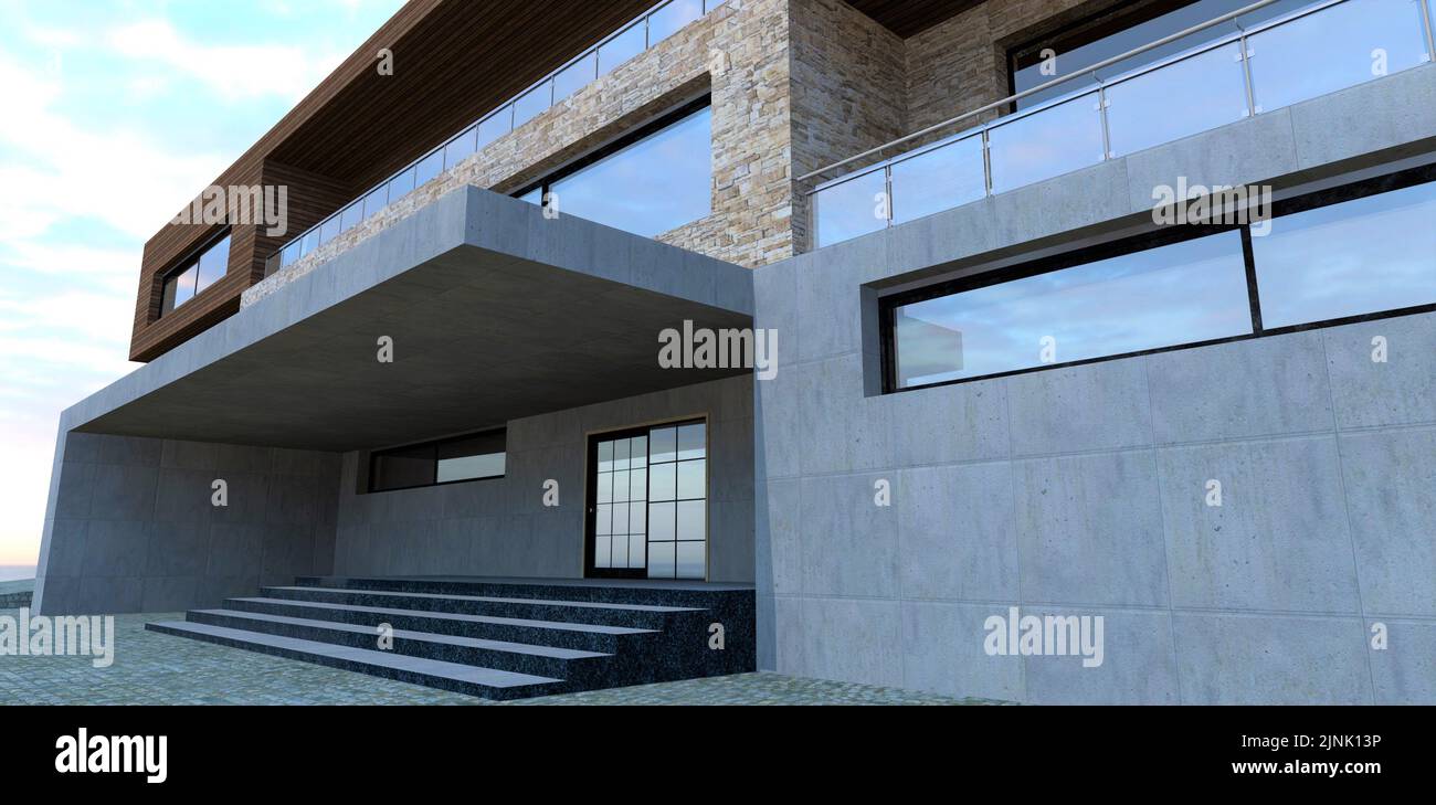 Porch of a modern house. Concrete façade. Swinging double-leaf reflective doors. The ends of the steps are blue granite. 3d render. Stock Photo