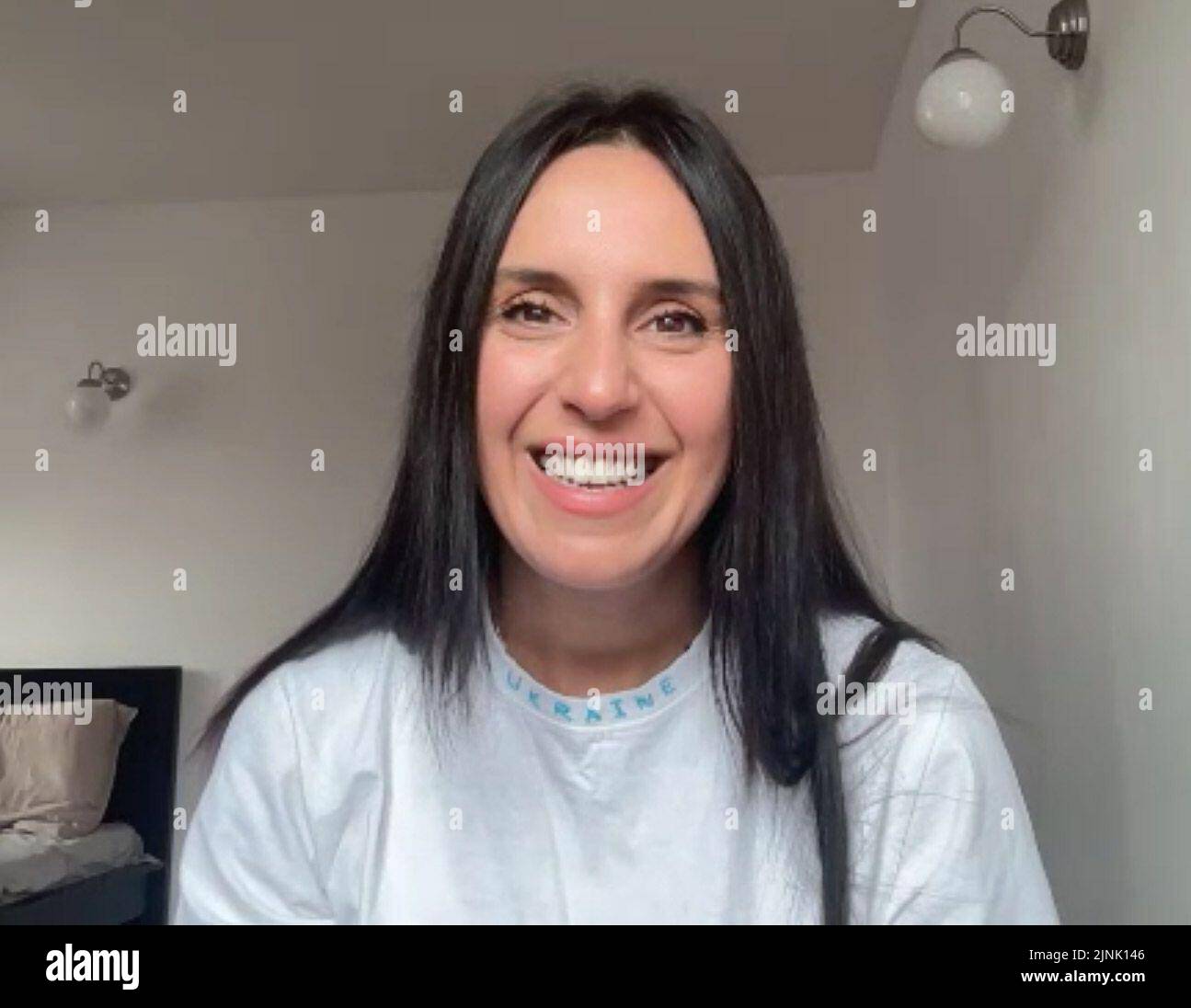 A screen grab taken during a zoom call with Ukrainian Eurovision winner Jamala, who has said next year's song contest, set to be held in the UK, will be the 'greatest Eurovision' yet. The singer-songwriter, 38, has been fundraising for her country through various concerts, interviews, and festival appearances, and partnered with the Ministry of Foreign Affairs of Ukraine to release a song and video titled Thank You, Stranger a way of showing 'deep gratitude' to countries around the world for their ongoing support throughout the war. Picture date: Friday August 12, 2022. Stock Photo