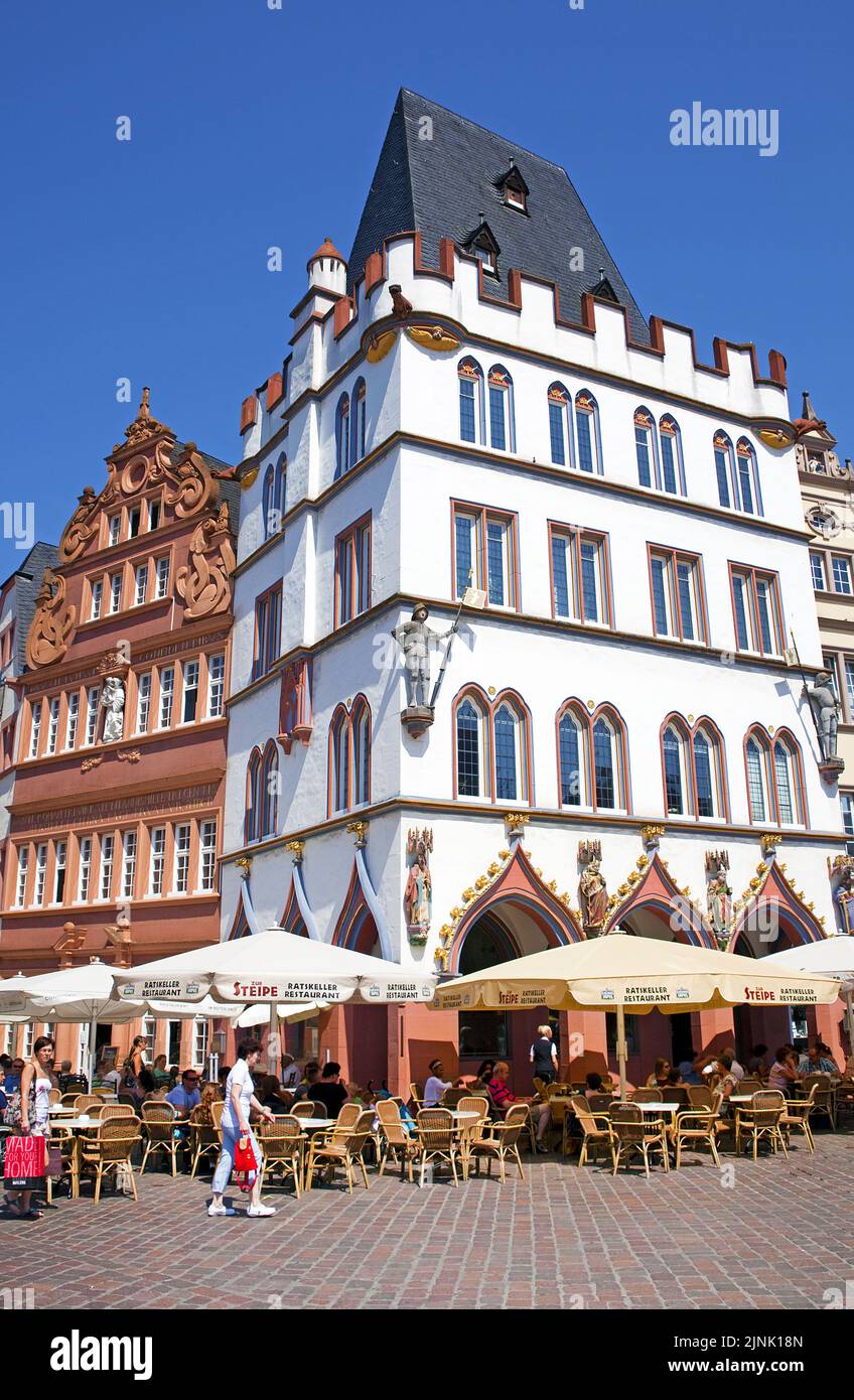 Main market with historical houses and street coffee shop, Ratskeller, Trier, Rhineland-Palatinate, Germany, Europe Stock Photo