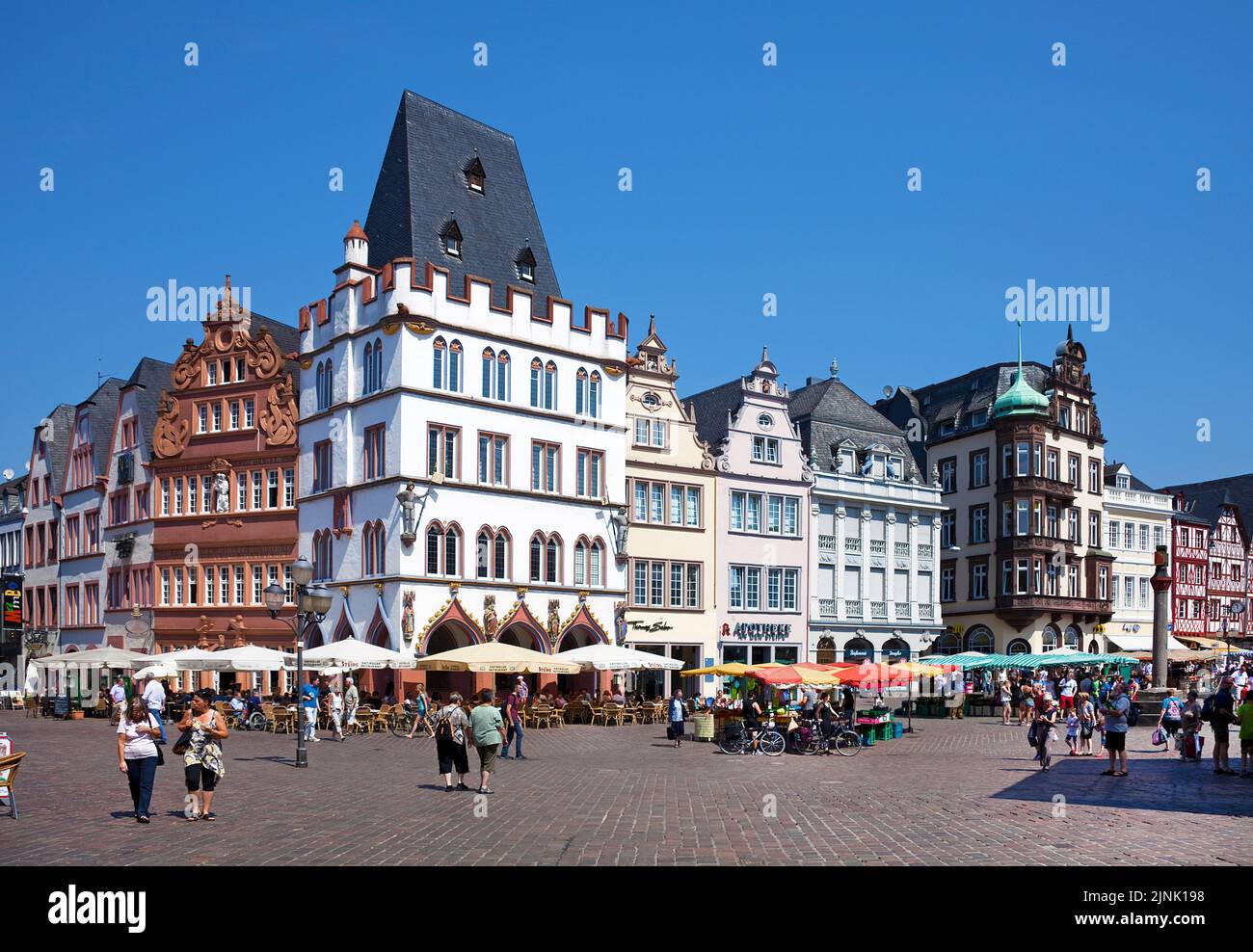 Main market with historical houses and street coffee shop, Ratskeller, Trier, Rhineland-Palatinate, Germany, Europe Stock Photo