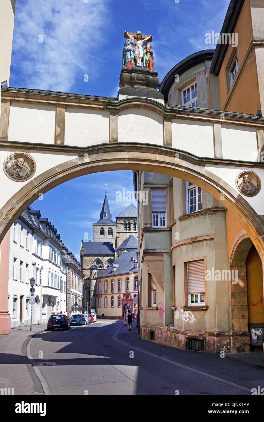View from the Liebfrauen street to the Cathedral of Trier Saint Peter dome, Unesco World heritage site,Trier, Rhineland-Palatinate, Germany, Europe Stock Photo