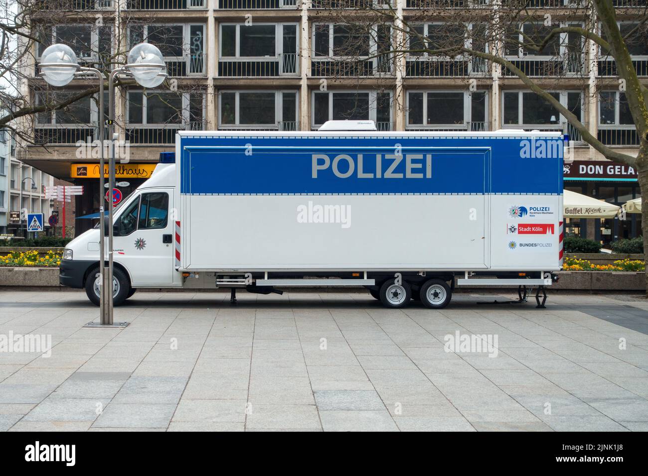 COLOGNE, GERMANY - MARCH 19, 2016: Mobile police command center parked near the cathedral in Cologne, Germany on March 19, 2016. Stock Photo