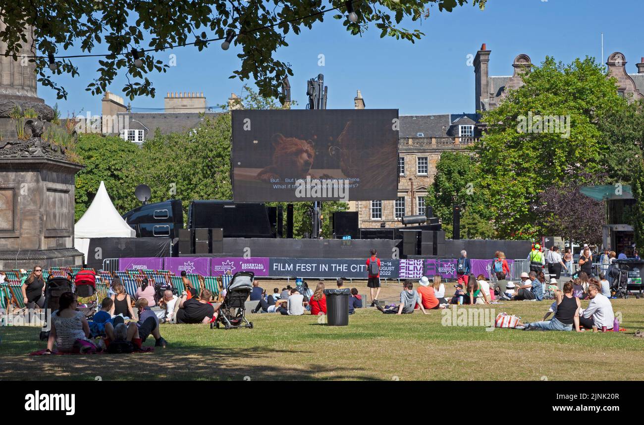 St Andrew's Square, Edinburgh, Scotland, UK. 12th August 2022. Film Festival free cinema with Paddigton Bear the first movie showing for a small audience. Temperature 21 degrees centigrade. Credit: Arch White/alamy live news. Stock Photo