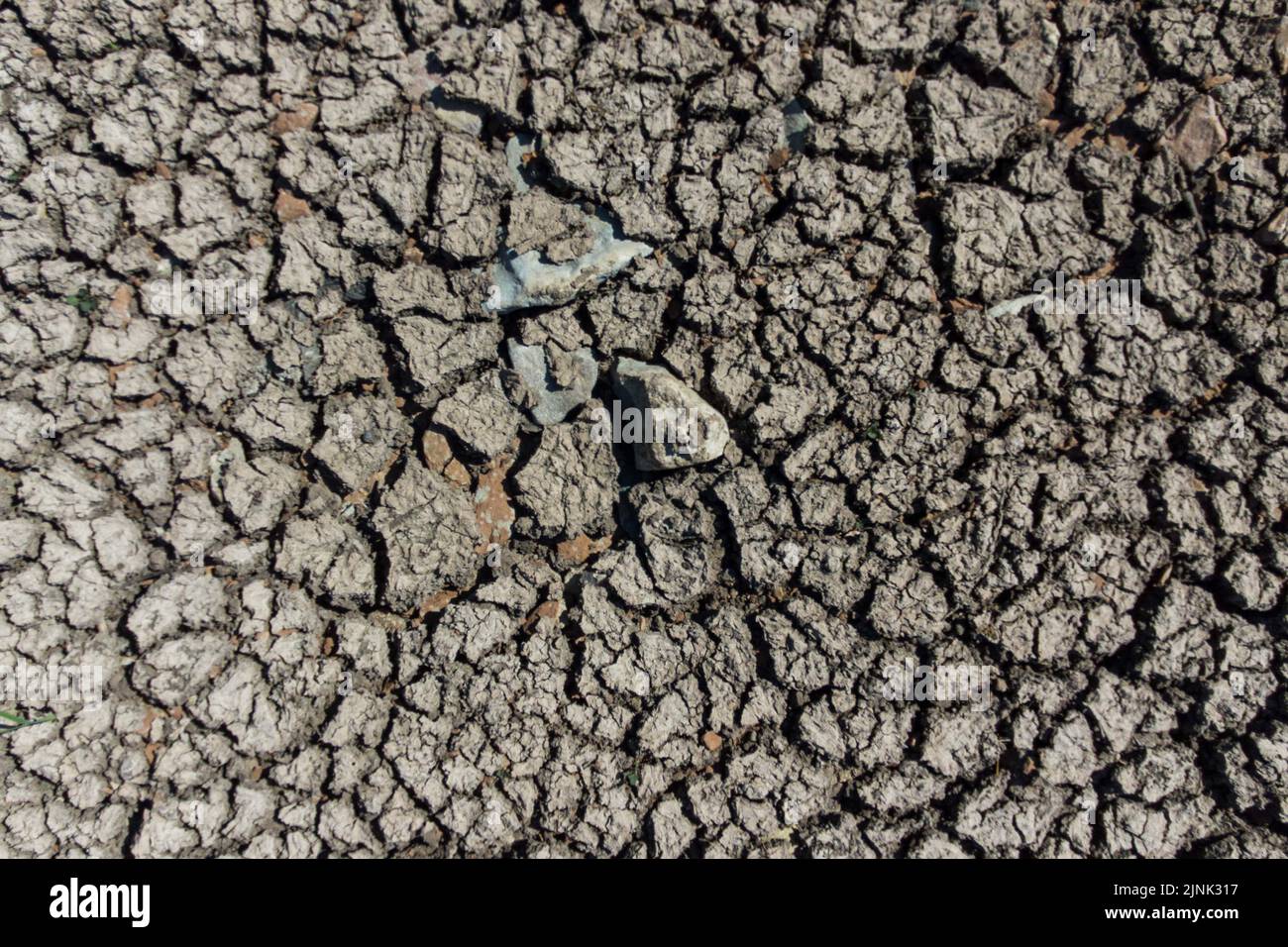 Forthampton, Gloucestershire August 12th 2022 - Cracked dry mud void of water in a pond in the small historic hamlet of Forthampton in Gloucestershire which has been hit hard by drought conditions. Credit: SCOTT CM/Alamy Live News Stock Photo