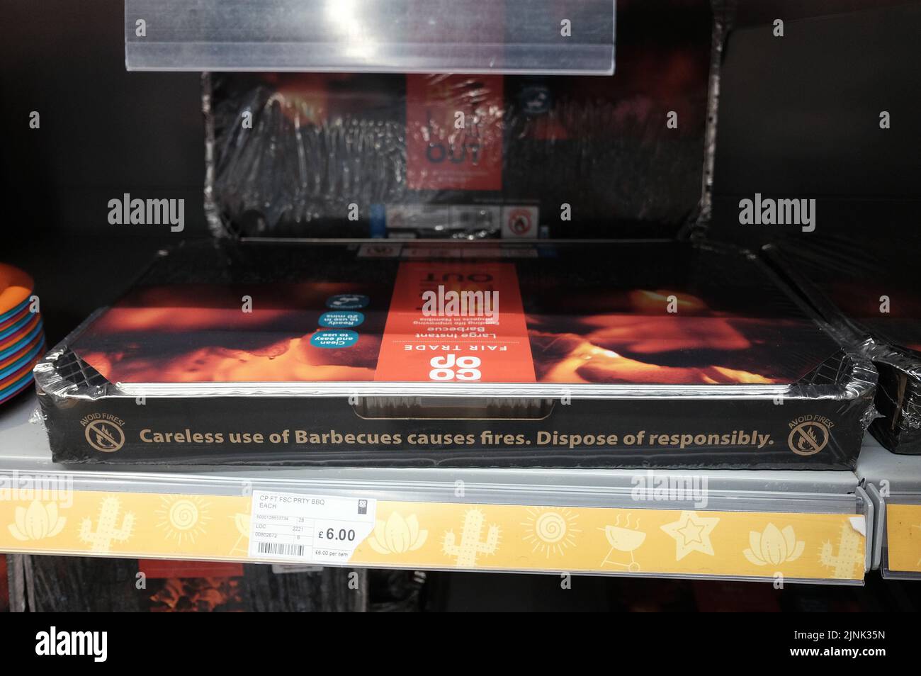 Instant barbecues on the shelves of a Co-op store in Walthamstow, east London. A drought is set to be declared for some parts of England on Friday, with temperatures to hit 35C making the country hotter than parts of the Caribbean. Picture date: Friday August 12, 2022. Stock Photo
