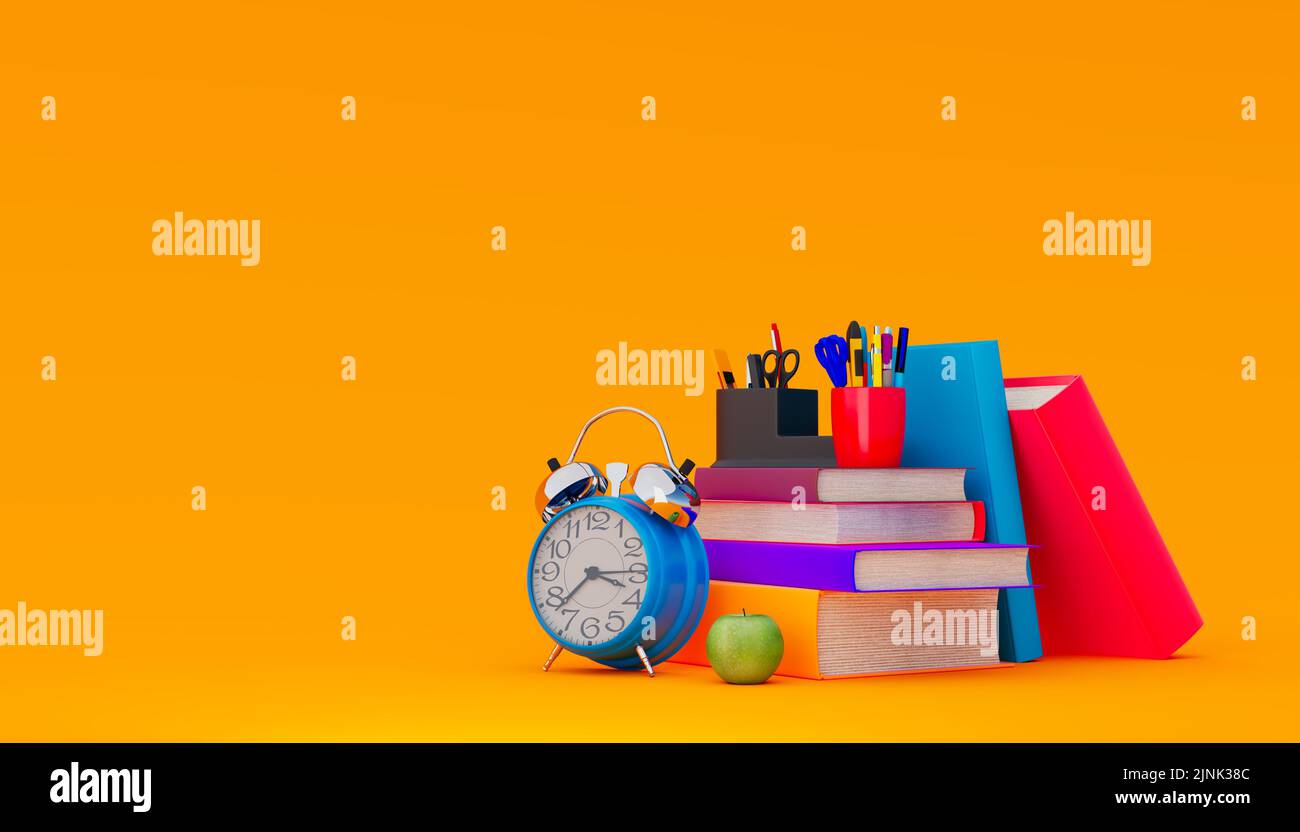 School accessories with apple, books and alarm clock on a colored background . Back to school concept. 3D Rendering, Stock Photo