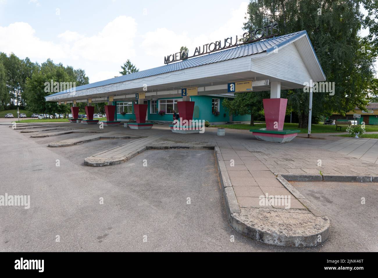 Molėtai Bus stop with Soviet era design. Molėtai is a town in north eastern Lithuania surrounded by lakes. One of the oldest settlements in Lithuania, Stock Photo