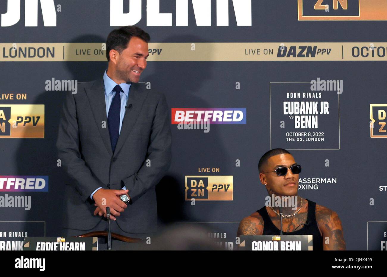 Conor Benn with promoter Eddie Hearn during the press conference at Glaziers Hall in London. Picture date: Friday August 12, 2022. Stock Photo
