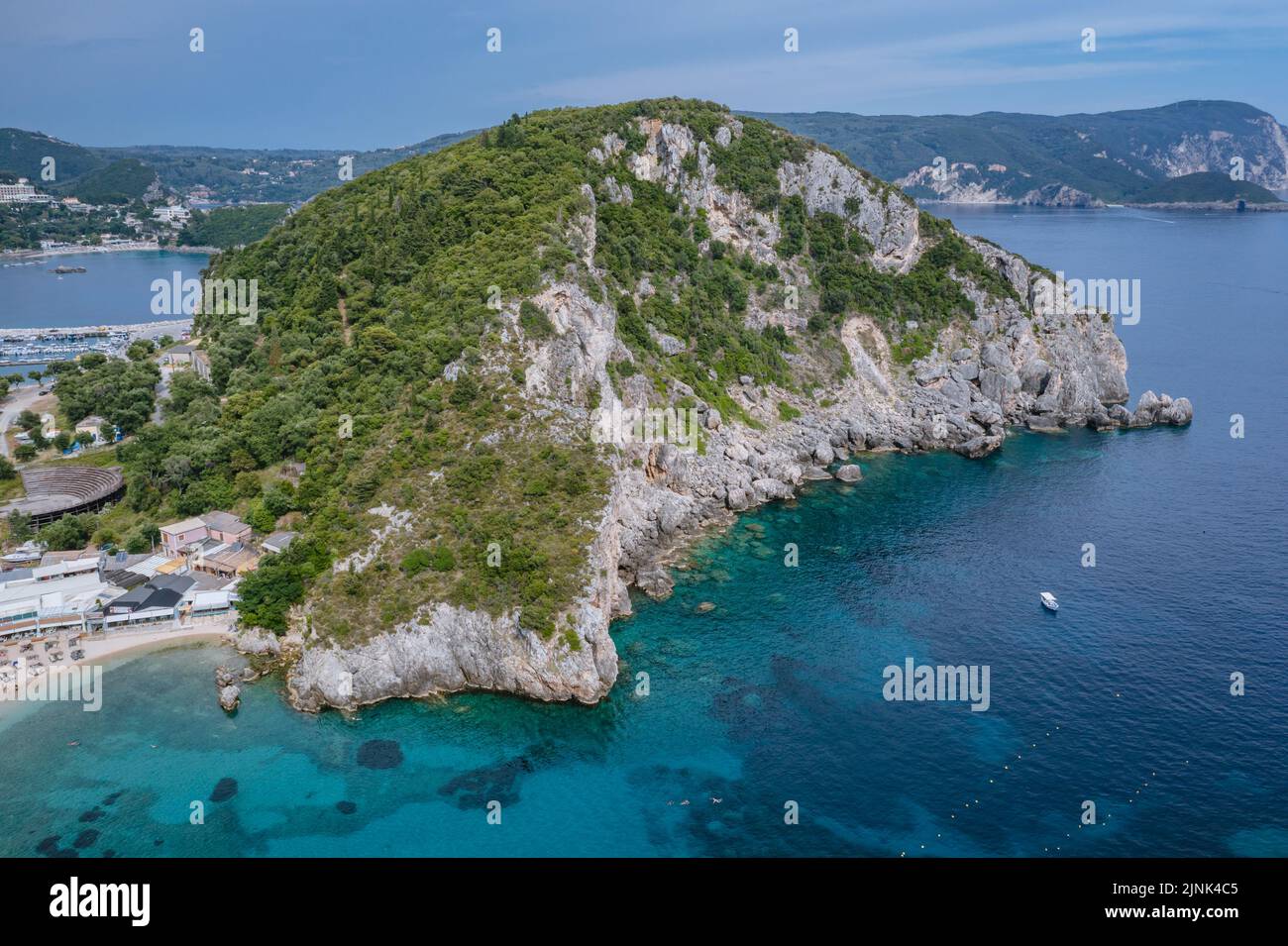 Rocky cape in Palaiokastritsa famous resort town on Greek Island of Corfu Stock Photo