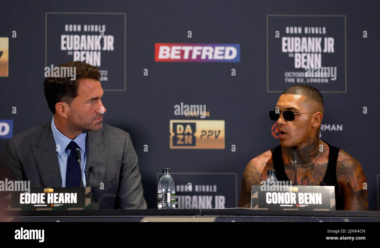Conor Benn with promoter Eddie Hearn during the press conference at Glaziers Hall in London. Picture date: Friday August 12, 2022. Stock Photo