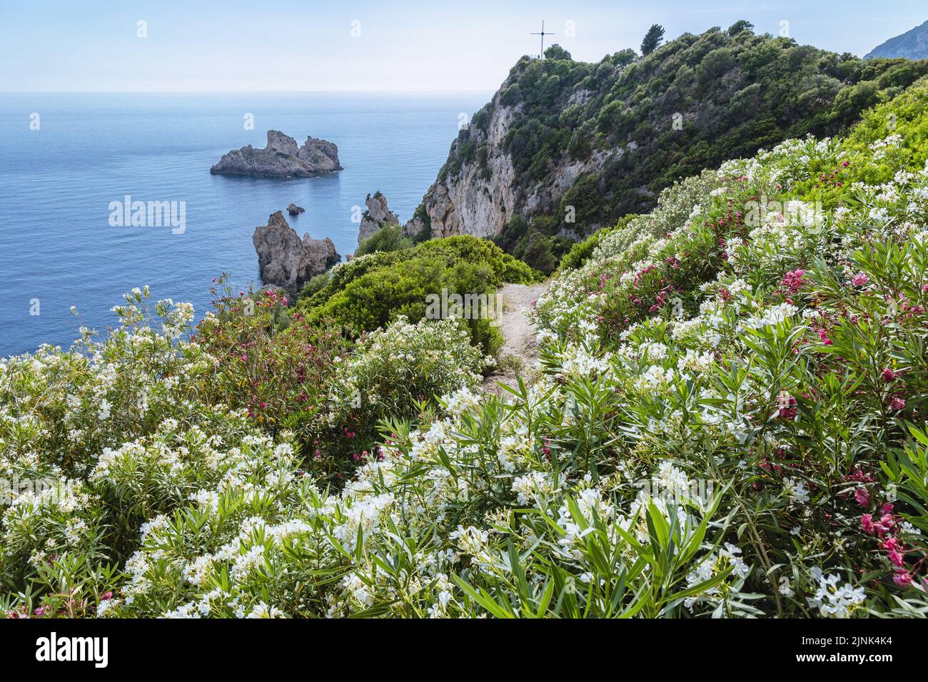 Skeludi islet seen from shore in Palaiokastritsa famous resort town on Greek Island of Corfu Stock Photo