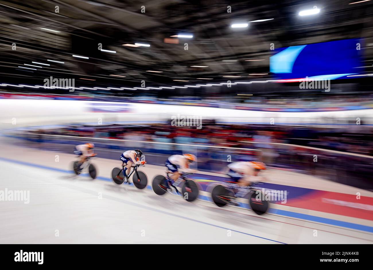 Munich, Germany. 12th Aug, 2022. MUNICH - Mylene de Zoete, Daniek Hengeveld, Lonneke Uneken and Amber van der Hulst in action during the track cycling team pursuit event on the second day of the Multi-European Championship. The German city of Munich will host a combined European Championship of various sports in 2022. ANP ROBIN VAN LONKHUIJSEN Credit: ANP/Alamy Live News Stock Photo