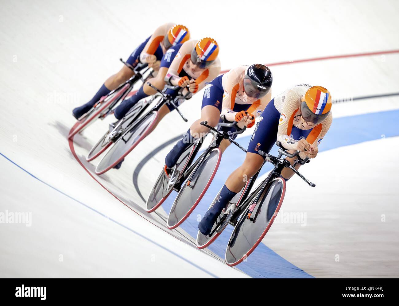 Munich, Germany. 12th Aug, 2022. MUNICH - Mylene de Zoete, Daniek Hengeveld, Lonneke Uneken and Amber van der Hulst in action during the track cycling team pursuit event on the second day of the Multi-European Championship. The German city of Munich will host a combined European Championship of various sports in 2022. ANP ROBIN VAN LONKHUIJSEN Credit: ANP/Alamy Live News Stock Photo