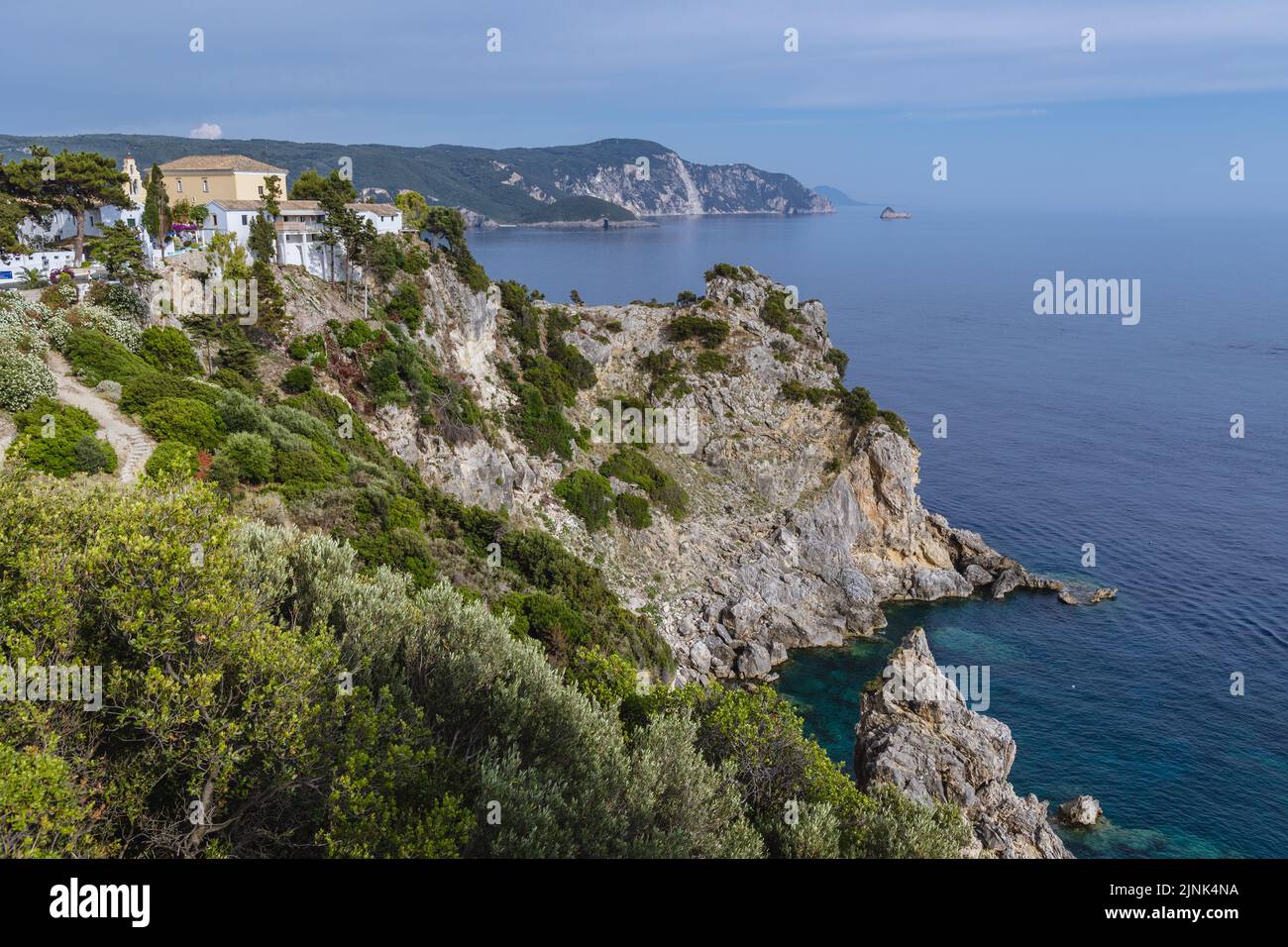 Aerial view with Monastery in Palaiokastritsa famous resort town on Greek Island of Corfu Stock Photo