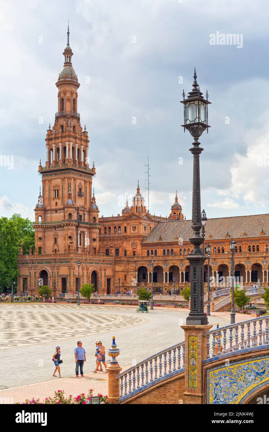 Plaza de España, Seville, Spain. View from the center of the building to the northern tower, a lantern in forground Stock Photo