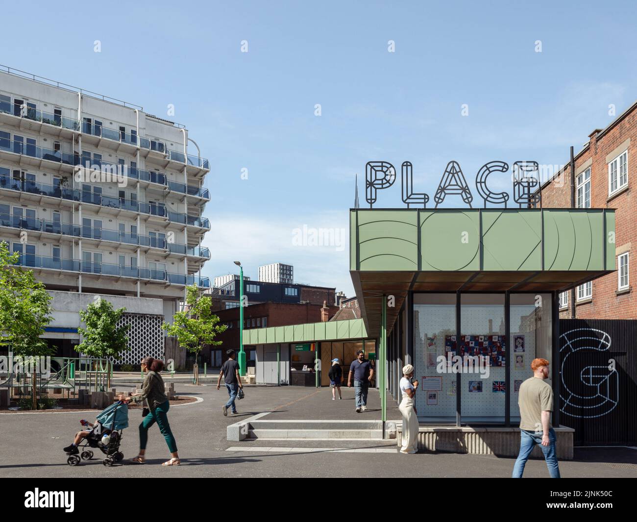 Street food market and playground. Greenhill Place, Harrow, United Kingdom. Architect