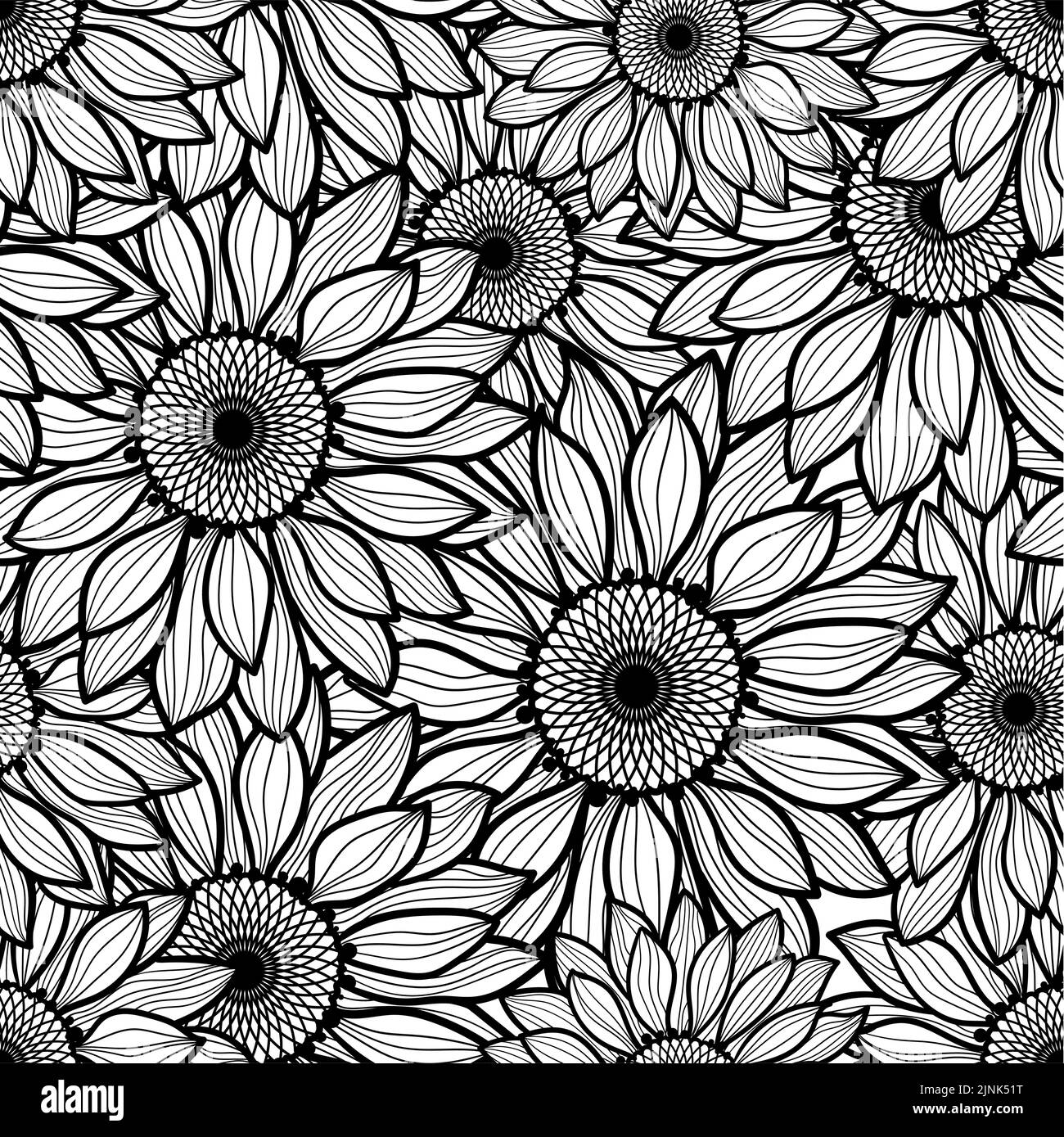 Seamless floral pattern with daisies. Black and white. Vector Stock Vector