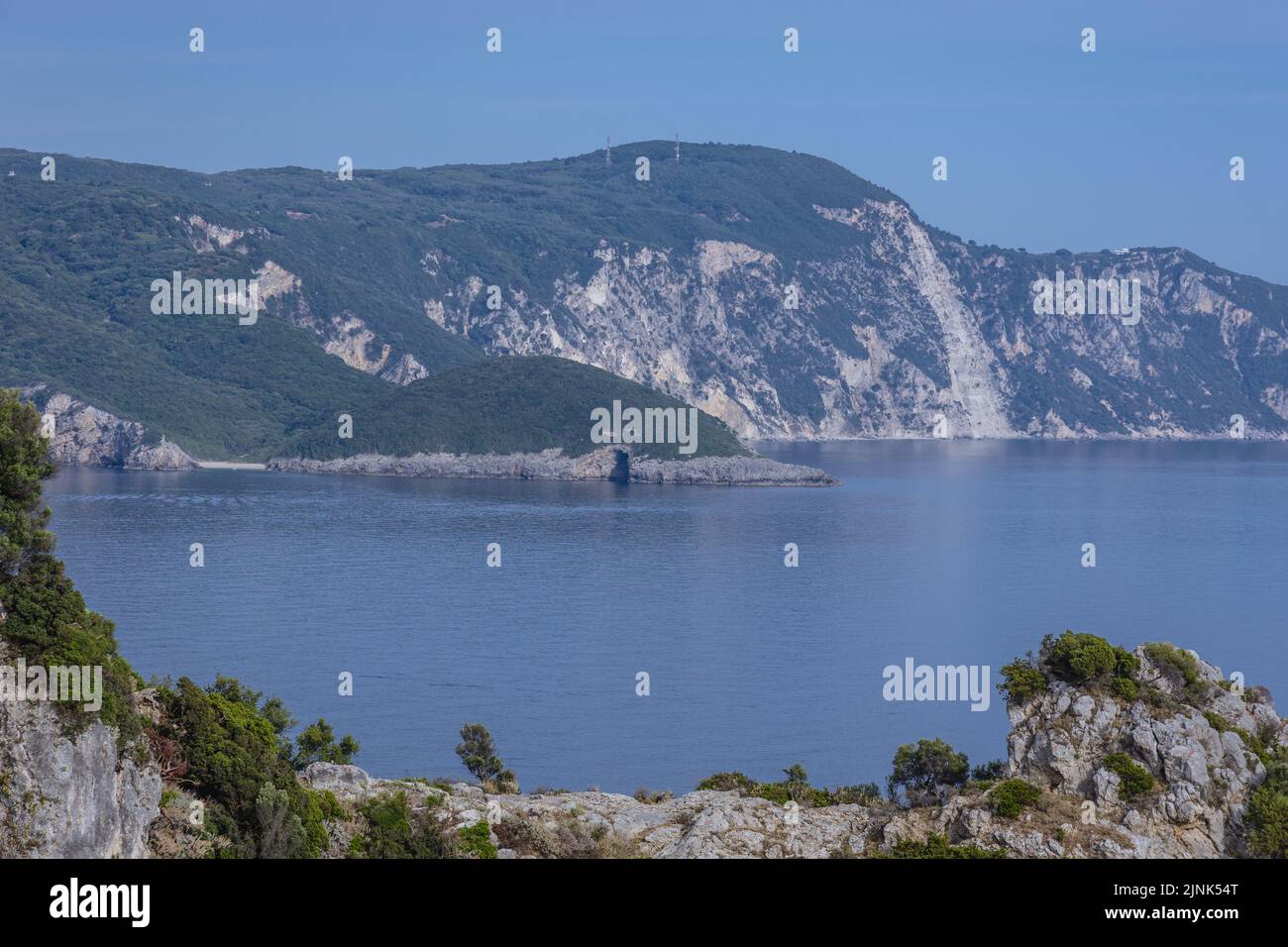 Aerial view from hilltop in Palaiokastritsa famous resort town on Greek Island of Corfu Stock Photo