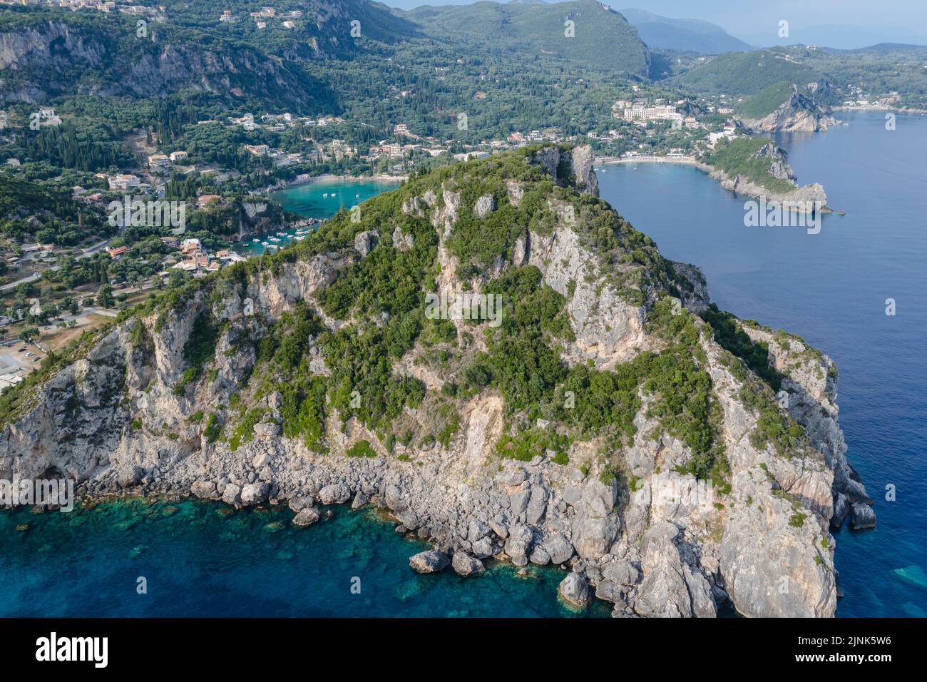 Aerial view on rock mountain in Palaiokastritsa famous resort town on Greek Island of Corfu Stock Photo