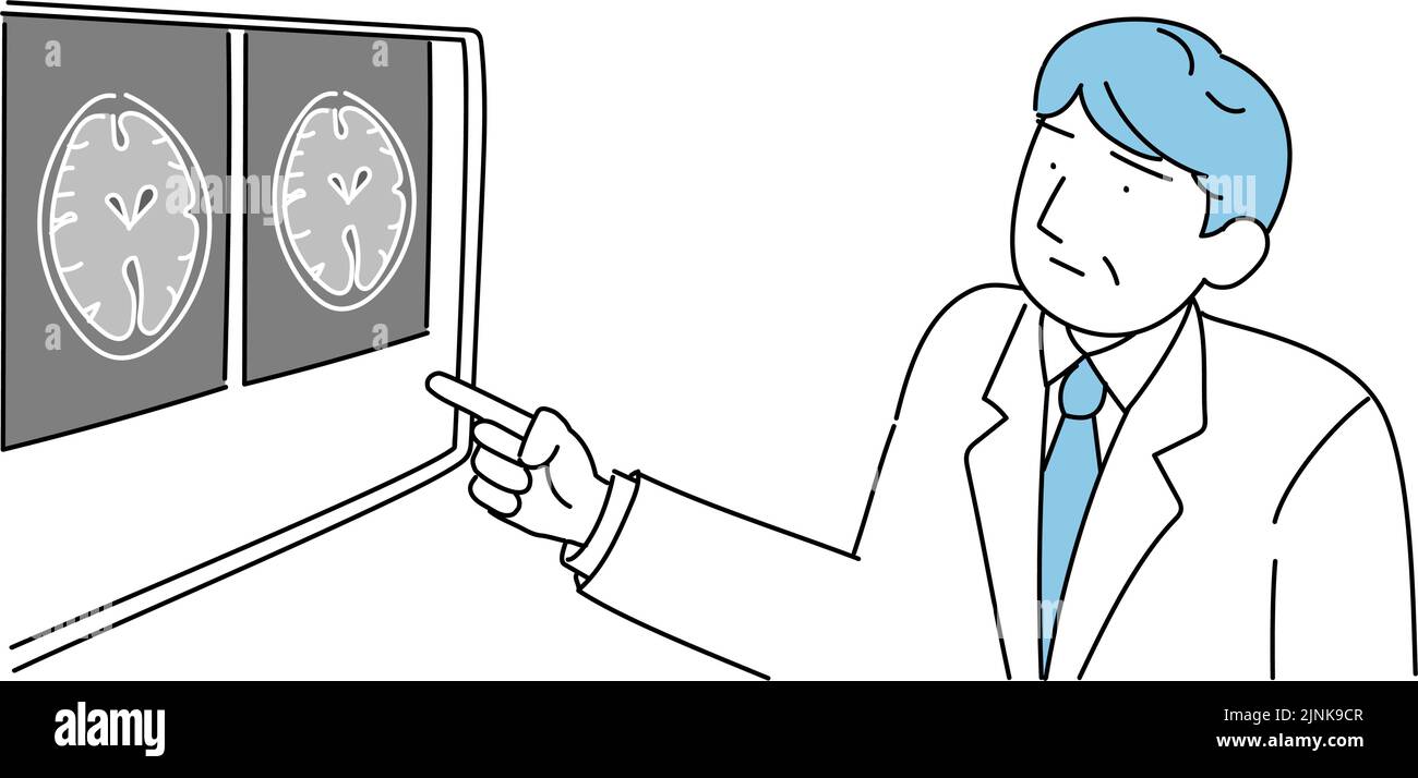 A male doctor pointing to an image taken by an MRI of the brain Stock Vector