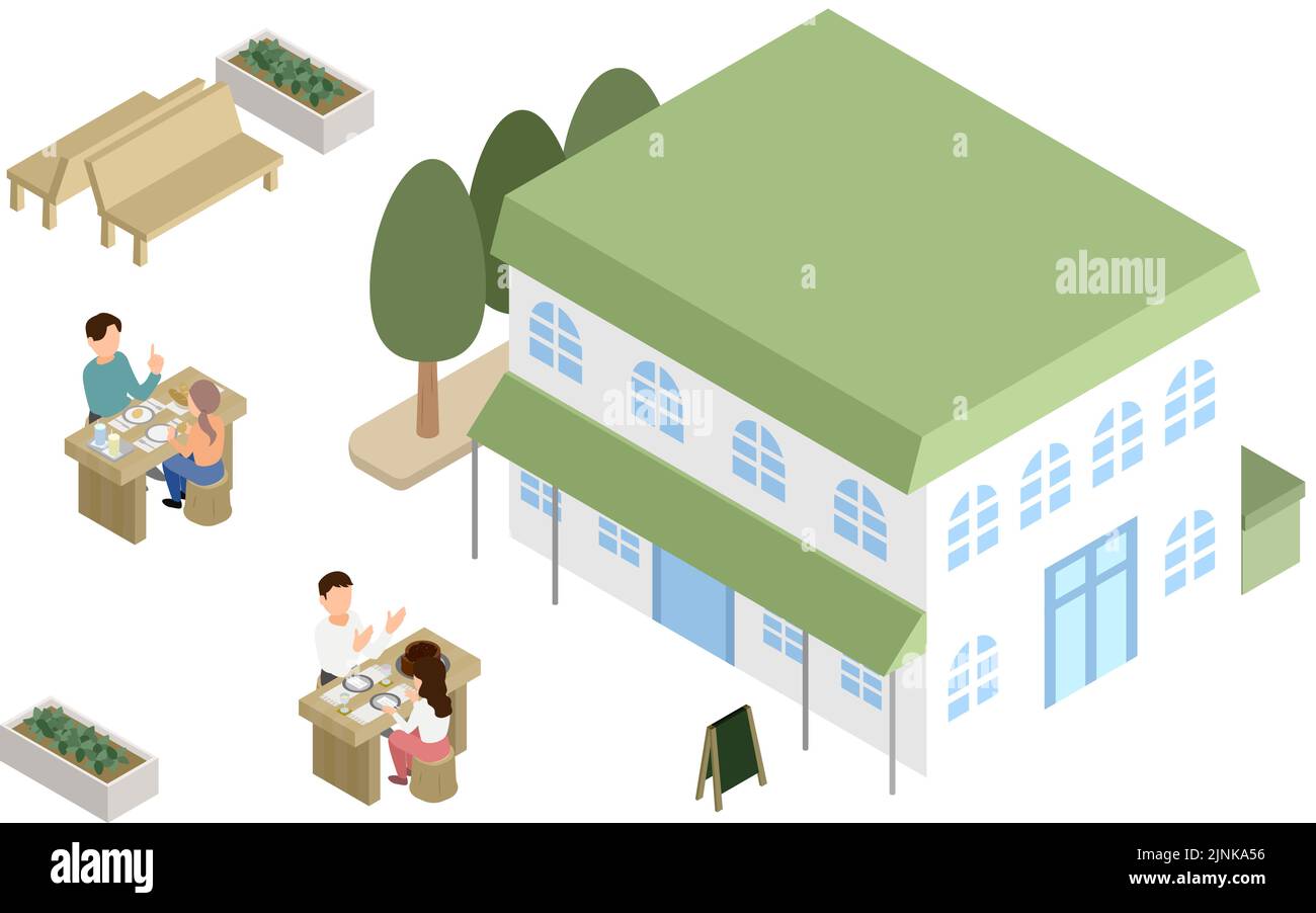 Illustration of men and women dating at a cafe isometric Stock Vector