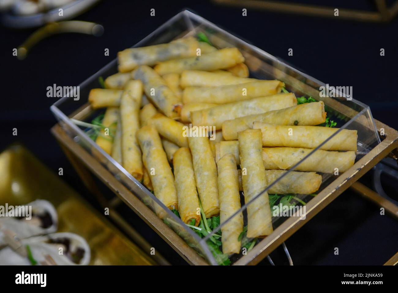 Moroccan salty and sweet appetizers are served at weddings and birthdays. The concept of cooking in Morocco Stock Photo