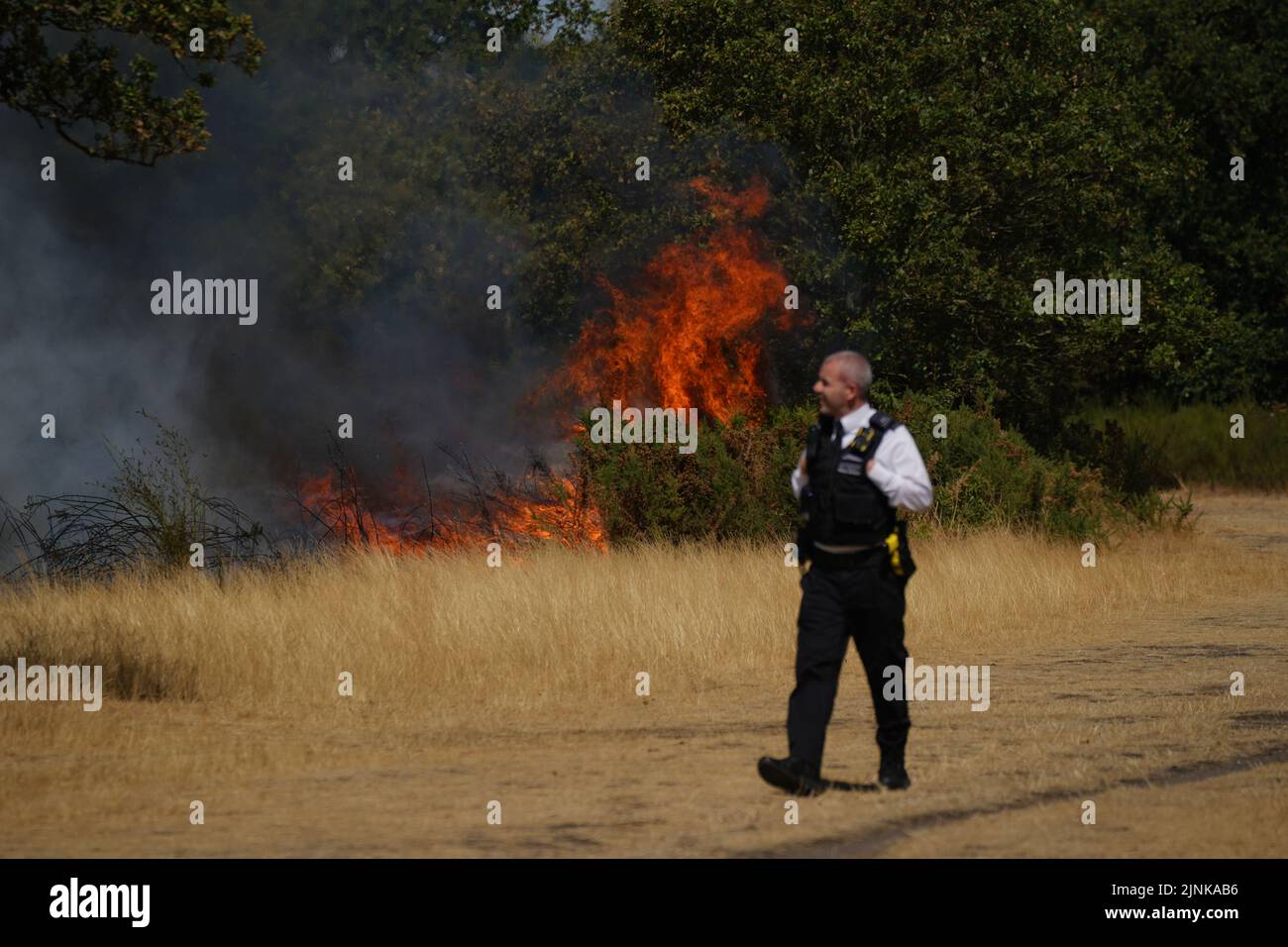 Police officers near the scene of a grass fire on Leyton flats in east London, as a drought has been declared for parts of England following the driest summer for 50 years. Picture date: Friday August 12, 2022. Stock Photo