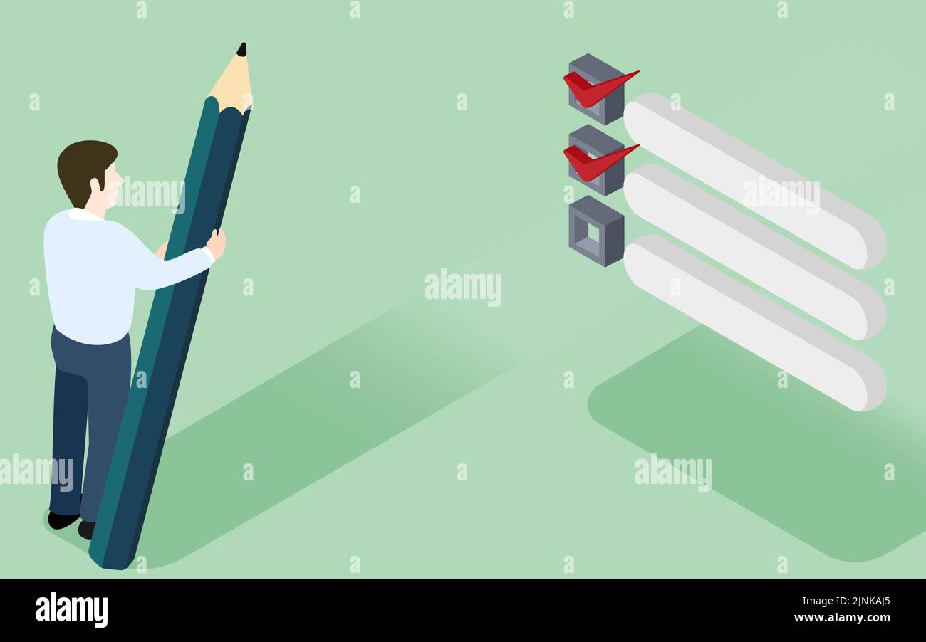 A man holding a pencil in front of the checklist isometric Stock Vector ...