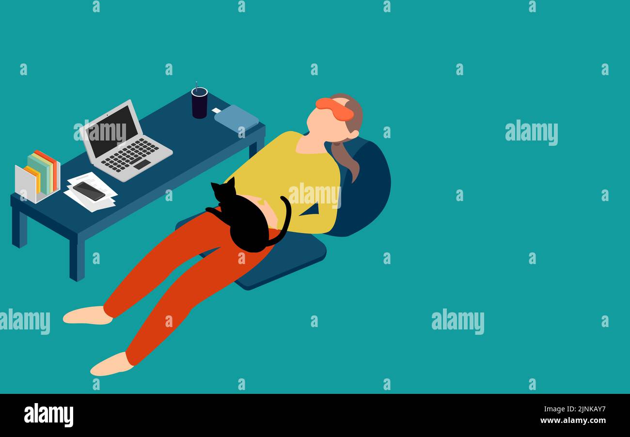 A woman who wears an eye mask and takes a nap during telework isometric Stock Vector