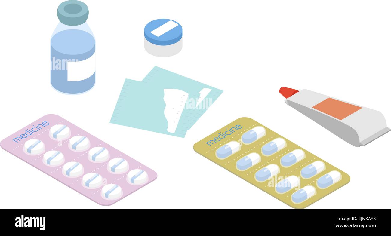 Illustration set of medicines such as tablets, capsules and ointments isometric Stock Vector