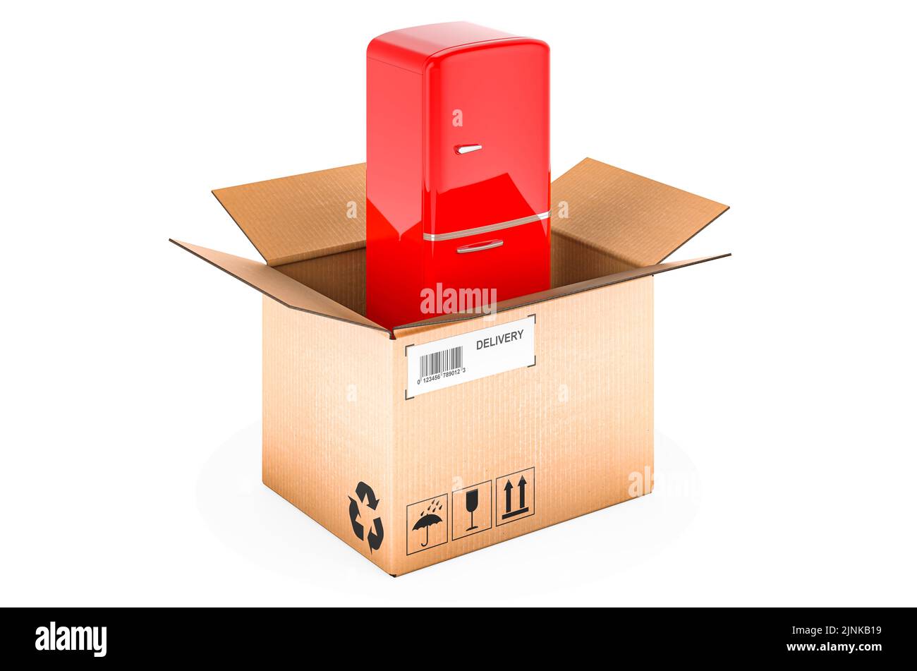 Retro refrigerator inside cardboard box, delivery concept. 3D rendering