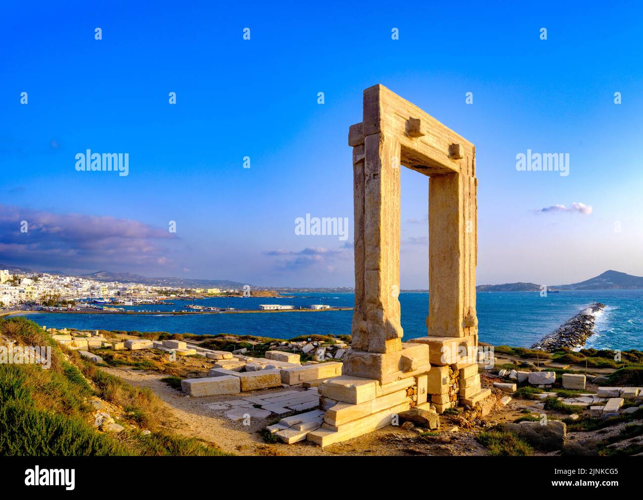 Gate to the Temple of Apollo, Ancient Portara, Naxos Island  The Chora,Old Town of Naxos,Capital Cyclades Island,Greece,Europe  Aegean Sea,Mediterrane Stock Photo