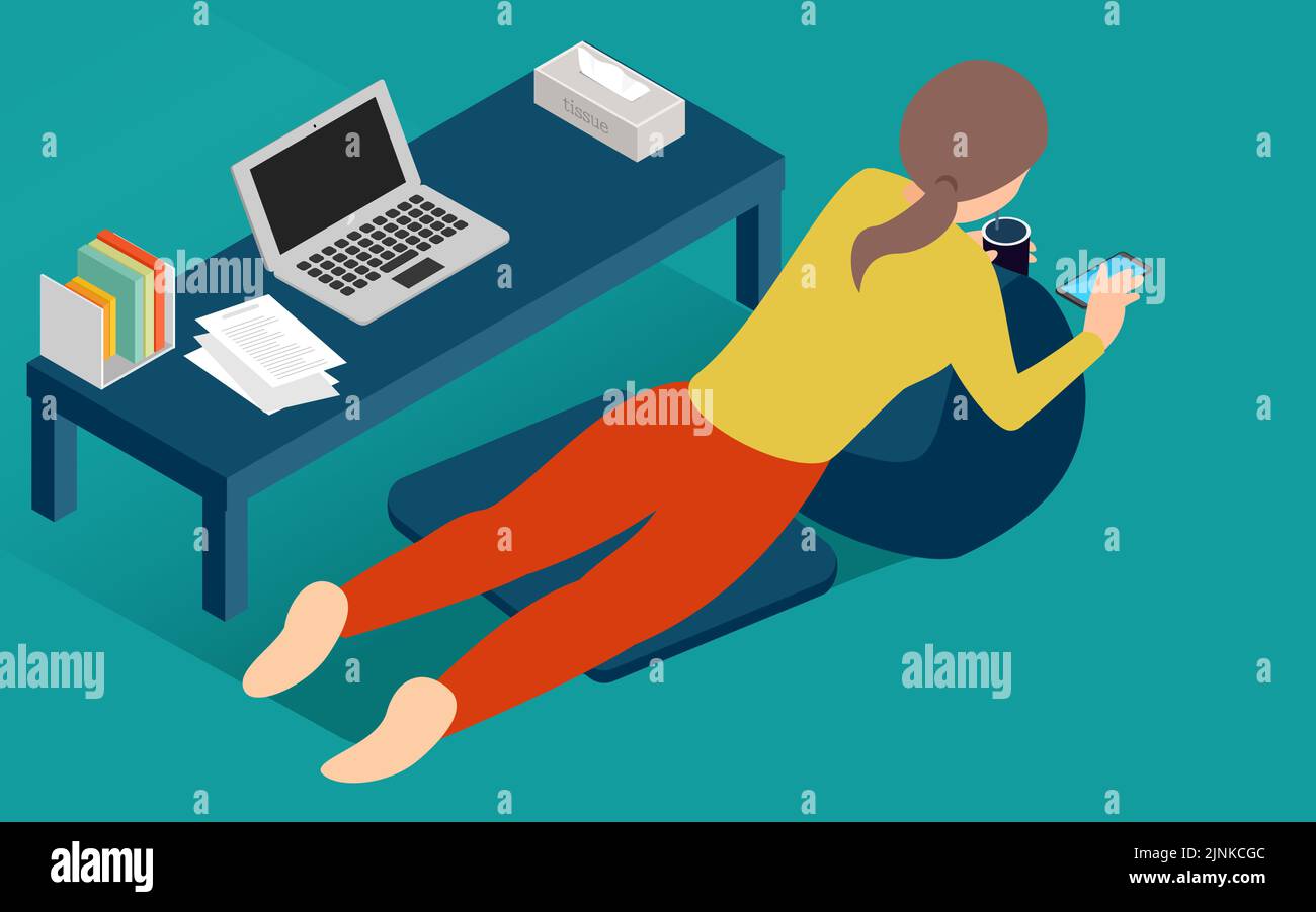 Illustration isometric to lie down and take a break during telework Stock Vector