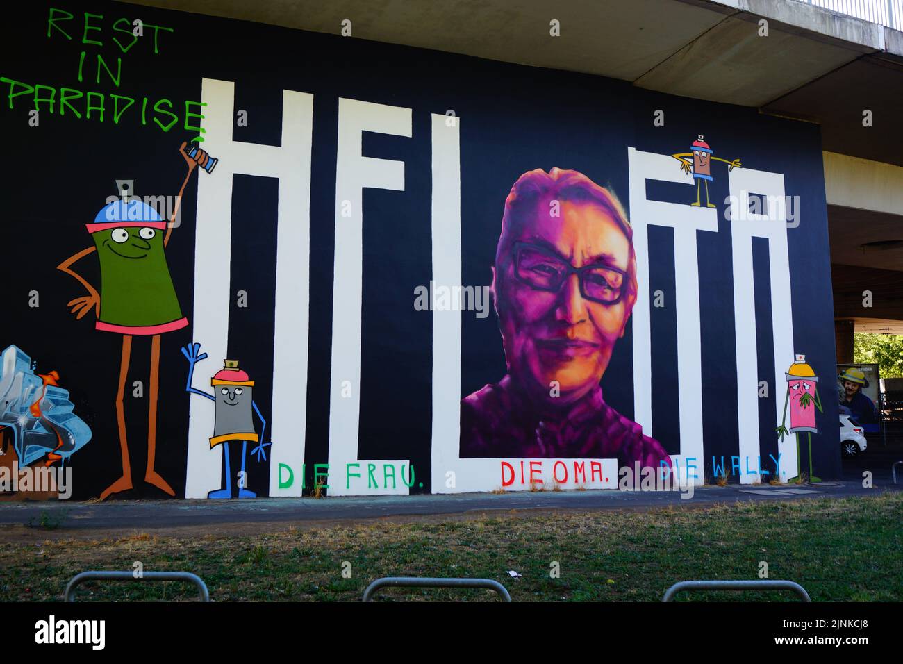 A graffito commemorates Helga Wally, a supporter of the Frankfurt graffiti community. Can seller and grandma of the sprayers. Stock Photo