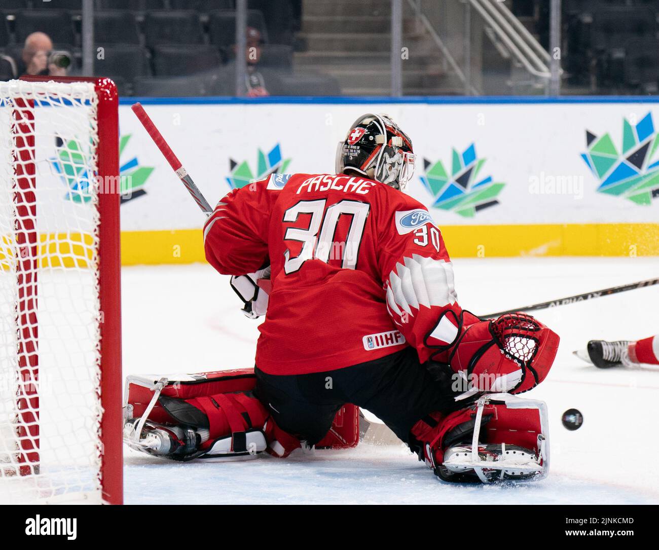 Edmonton, Alberta, Canada. 11th Aug, 2022. KEVIN PASCHE (30) of Switzerland makes the save during the first period of a World Junior Championship game at Rogers Place in Edmonton, Alberta. (Credit Image: © Matthew Helfrich/ZUMA Press Wire) Stock Photo