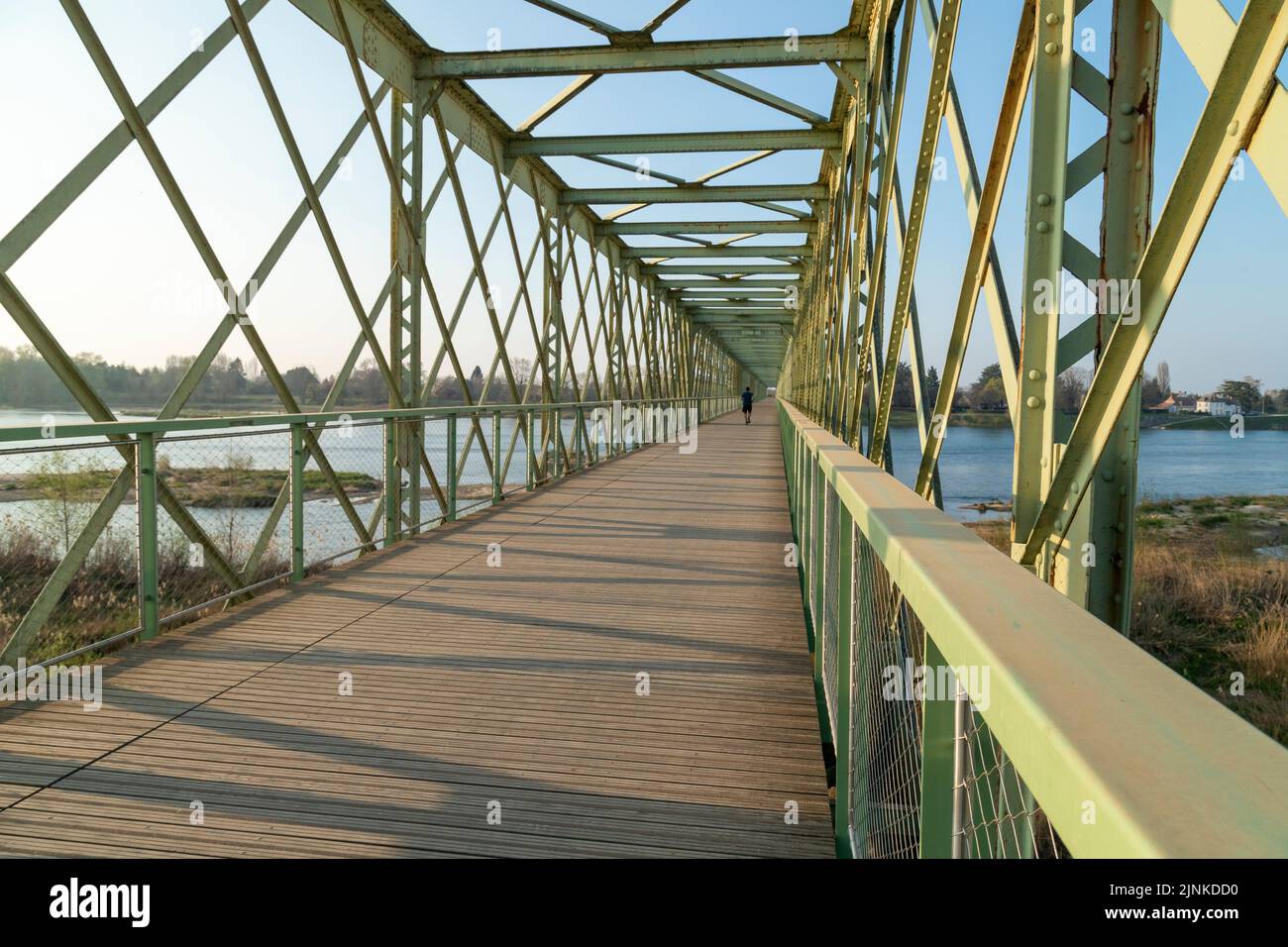 France, Loiret, Loire Valley listed as World Heritage by UNESCO, Sully sur Loire, cycling and pedestrian bridge between Sully sur Loire and Saint Pere Stock Photo