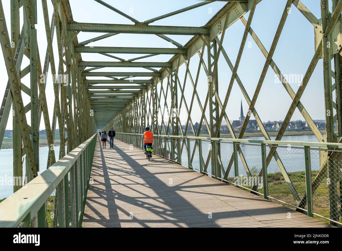 France, Loiret, Loire Valley listed as World Heritage by UNESCO, Sully sur Loire, cycling and pedestrian bridge between Sully sur Loire and Saint Pere Stock Photo
