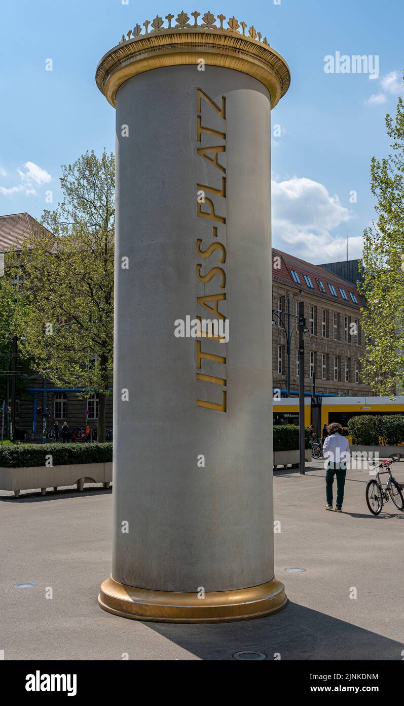 Litfass Square With A Concrete Litfass Column In Berlin Mitte, Germany Stock Photo