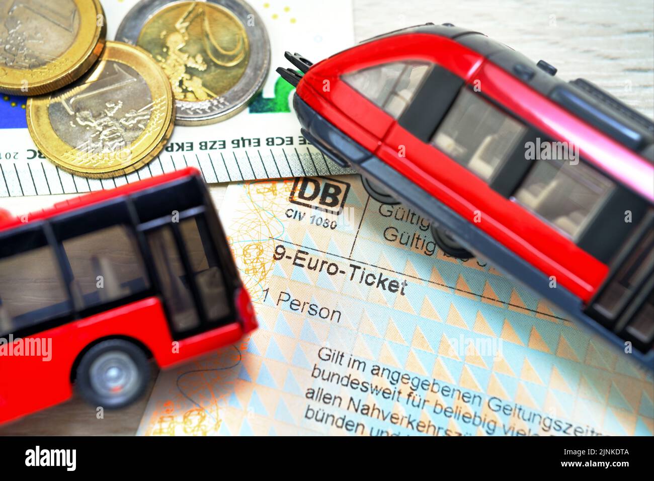 Nine-euro Ticket With Train And Bus Model Stock Photo