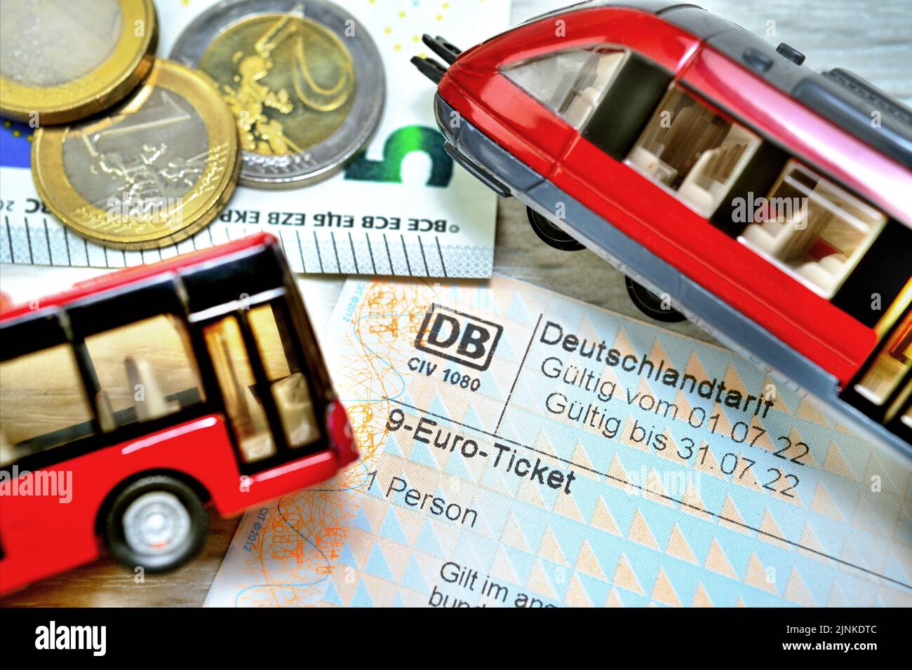 Nine-euro Ticket With Train And Bus Model Stock Photo