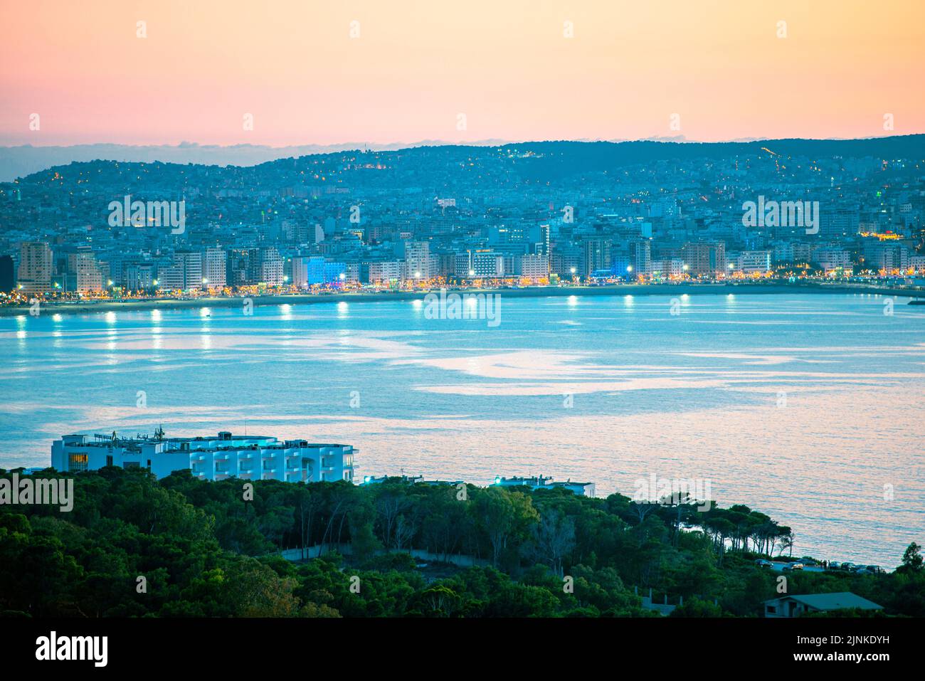 Tangiers, Morocco at night. Panorama of the beach of Tangiers Stock Photo
