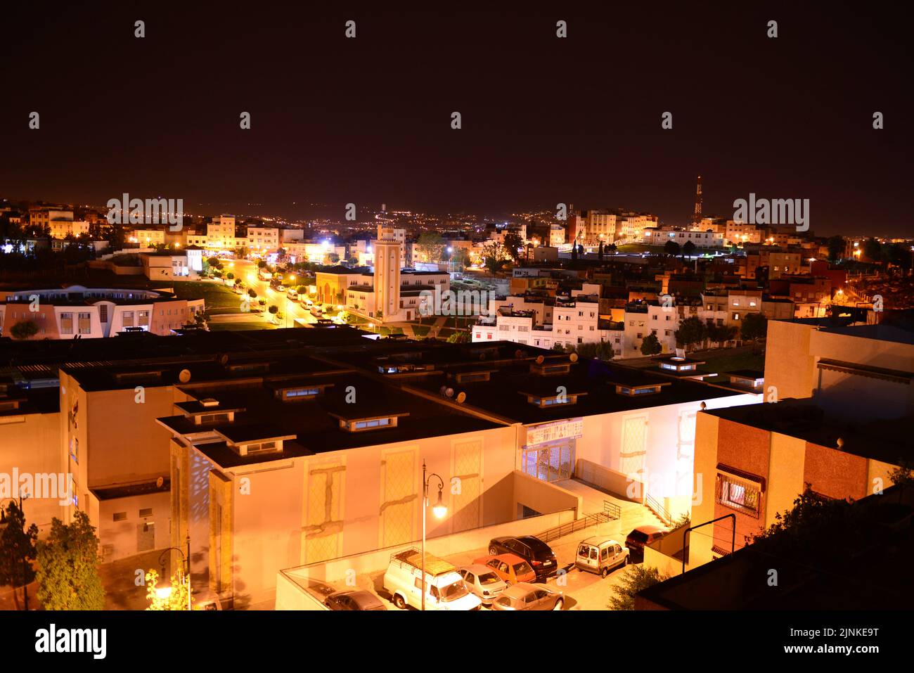 Panoramic View of Tangier City at Night, Morocco Stock Photo